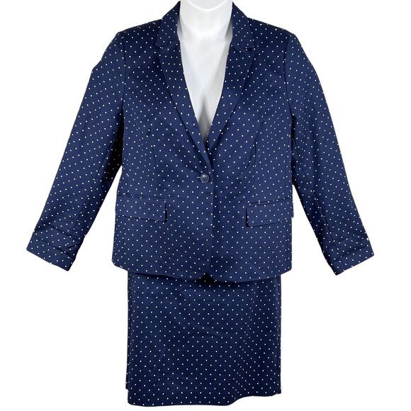 Liz Claiborne Career NWT Womens 14 /L Navy Polka Dot Blazer Skirt Set Power Suit - Picture 1 of 16